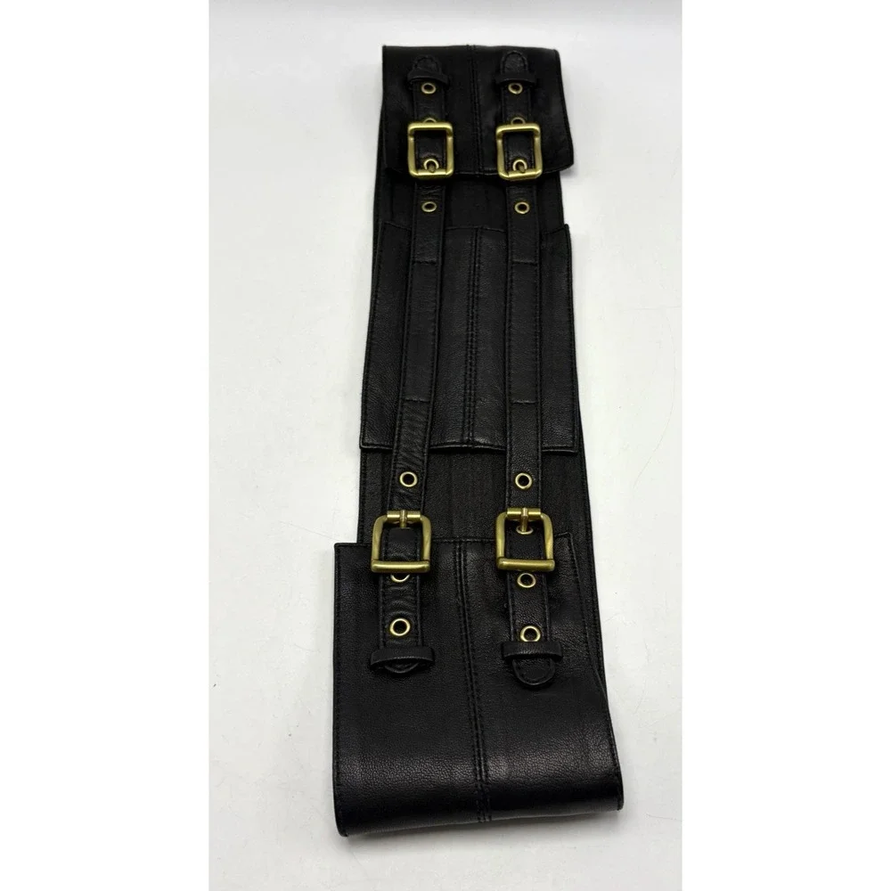 Statement Belt Womens Medium Wide Black Leather Waist Cinch Buckle Designer